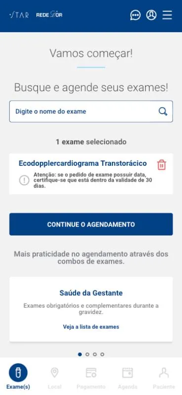 Tela do Agendamento Online de Exames com um exame selecionado