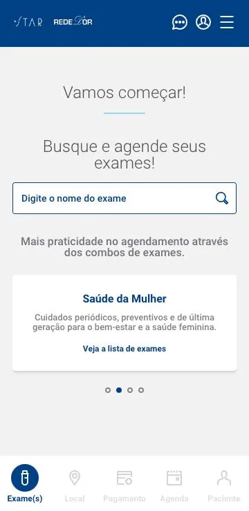 Tela inicial do Agendamento Online de Exames da Rede D’Or São Luiz